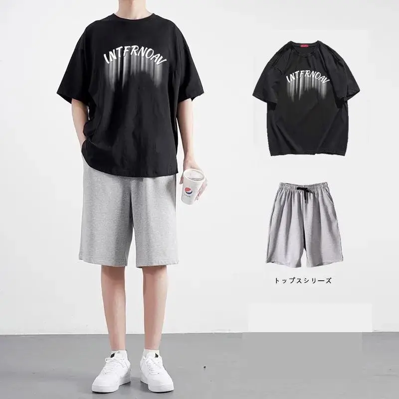 

Summer Short-sleeved T-shirt Men's Trendy High Street Loose T-shirt Casual Suit Men's Wear A Complete Set of Two Sets