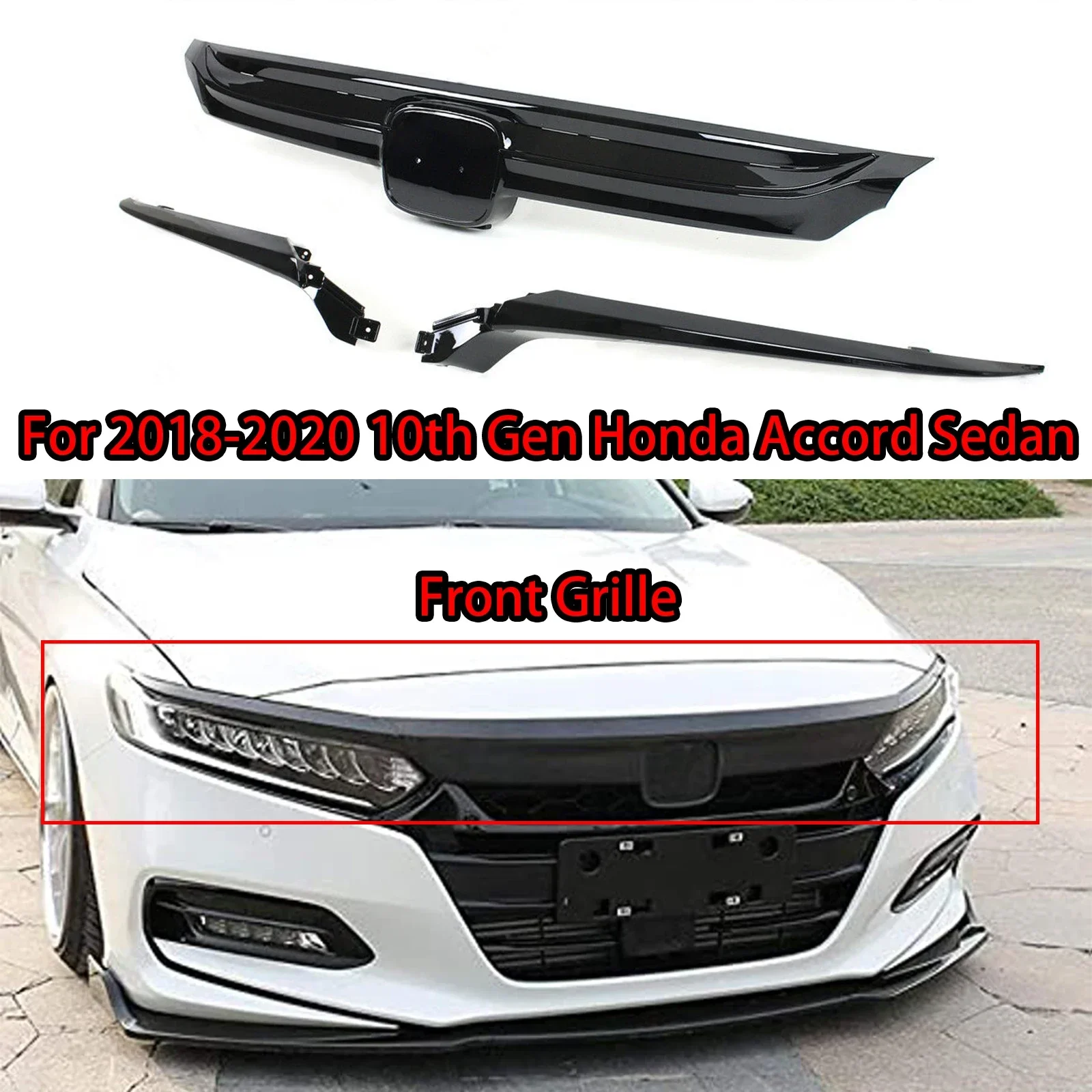 

Sport Style Front Grille For 2018-2020 10th Gen Honda Accord Sedan Glossy Black Chrome Silver Carbon Fiber Look