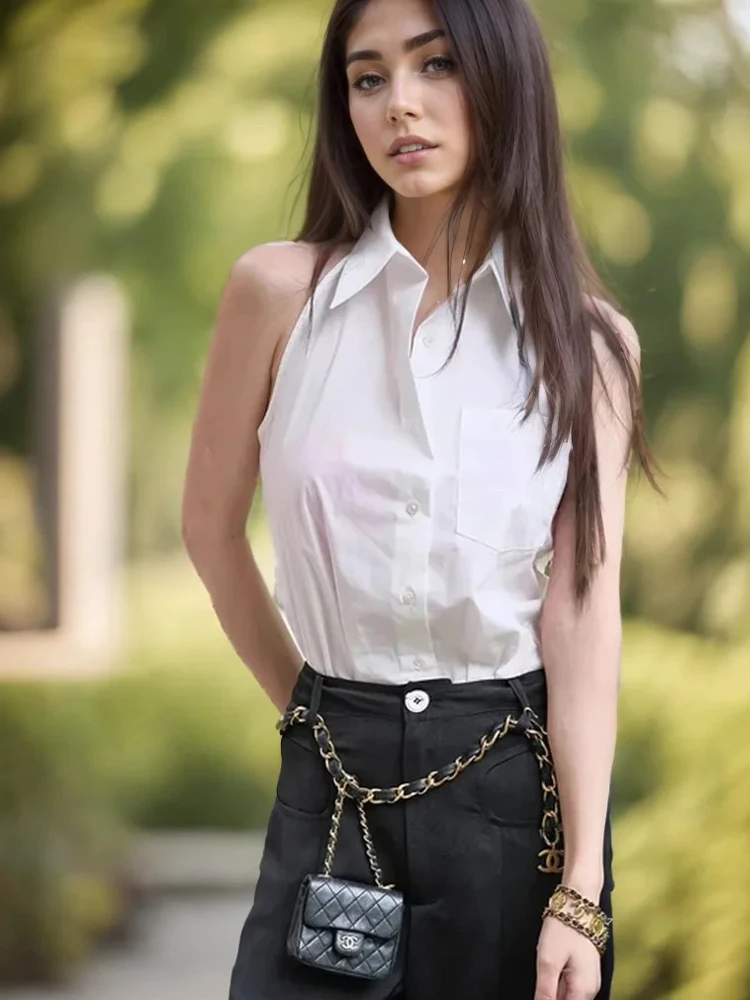 Women's White Sleeveless Halter Neck Button Down Blouse Fitted French Style Elegant Office Wear 2025