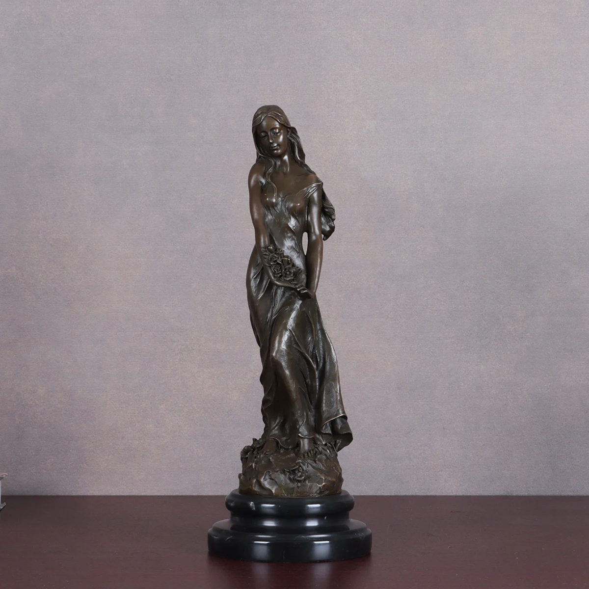 Pretty Girl with Flowers Sculpture Bronze Female Statue Vintage Handmade Art Figurine for Desktop Decor