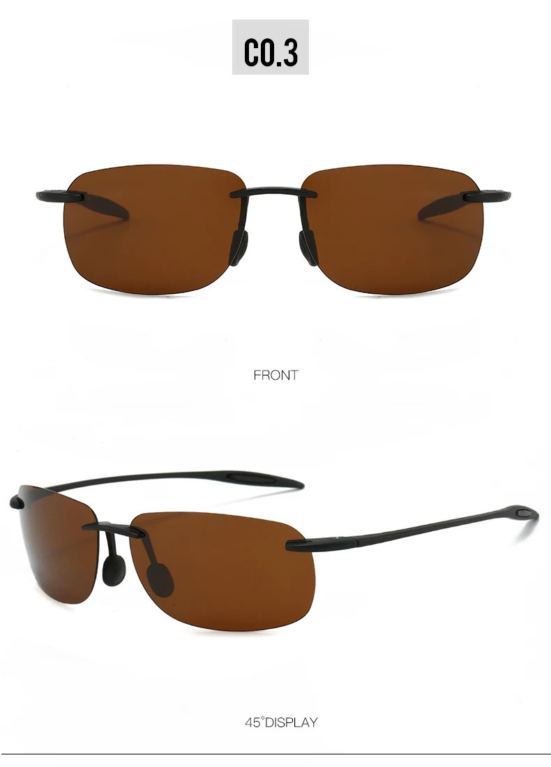 Neue ultraleichte, rahmenlose, farbenfrohe polarisierte Sonnenbrille für Männer und Frauen aus TR90-Material, geeignet für Freizeit und Urlaub, UV400. – Detail 11