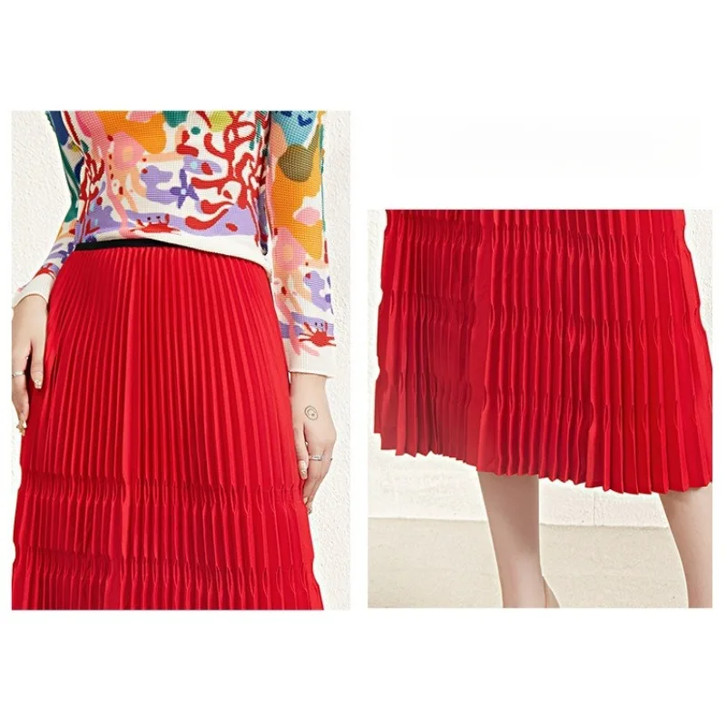 Miyake A Pieghe 2026 Primavera e L'Estate Nuovo Stampaggio Stereoscopico Retro Rosso Gonna A Pieghe Femminile di Nicchia A-line Bustier Gonna Pieghe