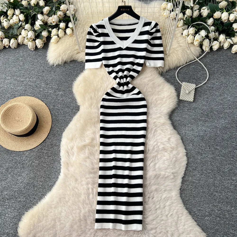 Realeft verão vintage listrado feminino malha envoltório vestidos 2026 novo decote em v manga curta casual bainha lápis vestido feminino