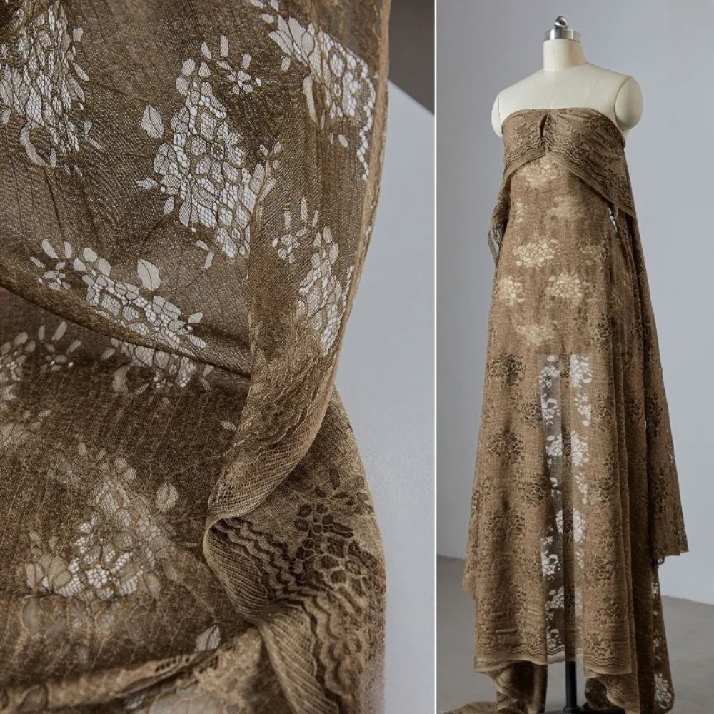 

Коричневая кружевная ткань с вышивкой для винтажных юбок, модной одежды, дизайнерских изделий, ткани для шитья на метры, материал для рукоделия.