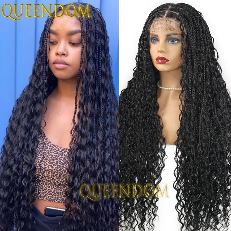 32 Inch Knotless Synthetic Wig Full Lace Bohemian Water Wave Curly Cornrow Plaits Braids Wig Crochet Box Braided Wig for  Women