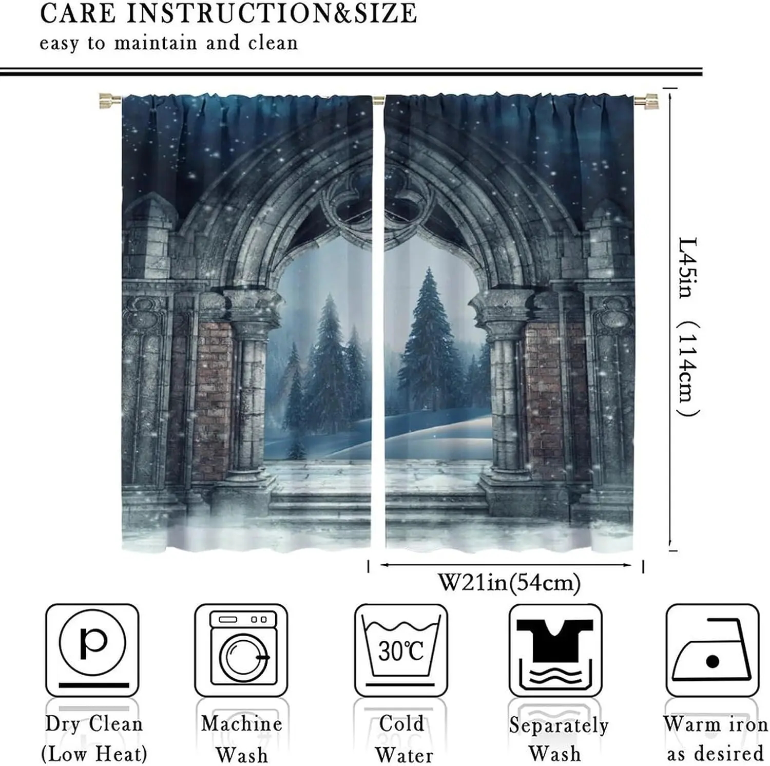 Brebasf Vintage Mid Century Castle Arch Curtains, Abstract Winter Forest Nature Landscape Snowflake Print Window Treatments
