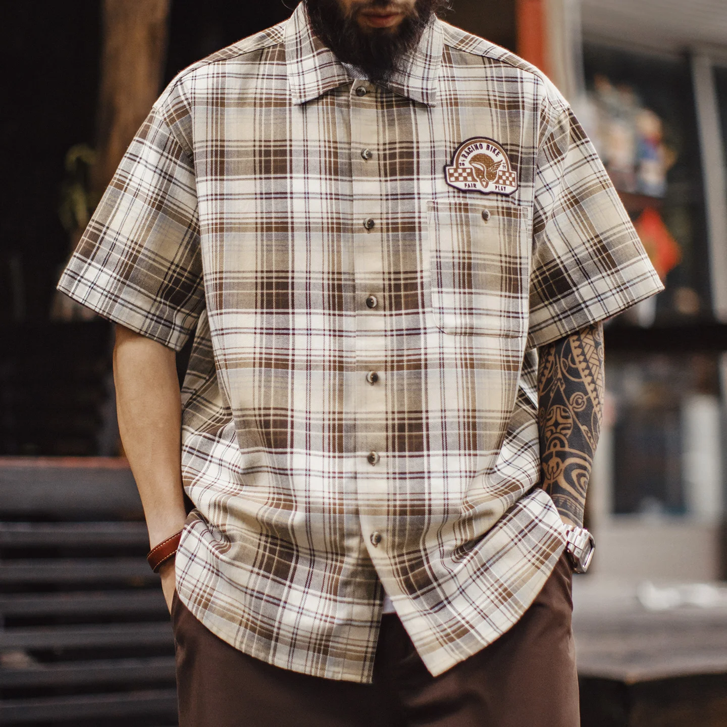 Maden Herren Kariertes Hemd Arbeitskleidung Kurzarm Vintage Locker Sitzendes Hemd mit Taschen Bedrucktes Freizeithemd Japanischer Harajuku Streetwear Jacke aus Baumwolle