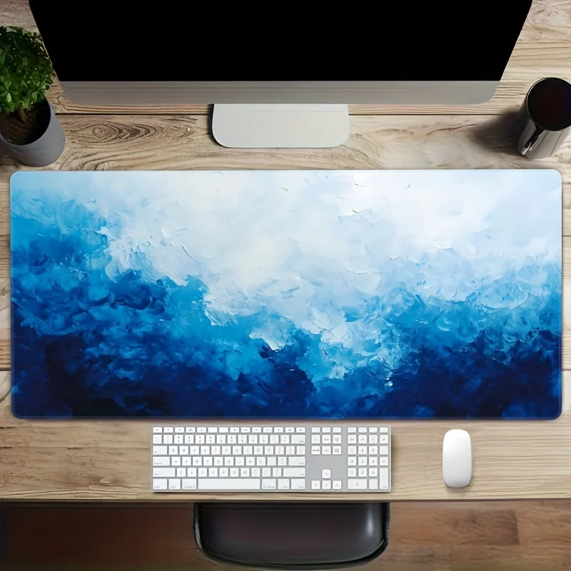 

1pc Large Blue Watercolor Painting Mouse Pad, Extra Long Gaming Mat with Non-Slip Rubber Base, Precision Edges