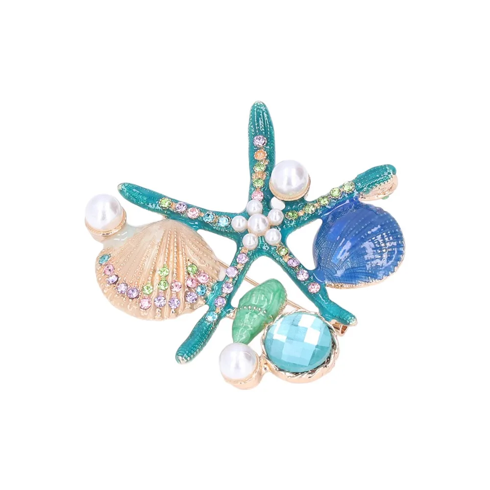 2pcs Alloy Material Starfish Brooch 4 Different Colors Clothing Pin Design Shell Pearl Brooch Enamel Brooch Clothing Accessory