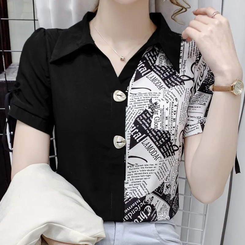 Patchwork Contrast Blouse Summer New Short Sleeve Asymmetrical Printing Slim Elegant Shirt Tops Fashion Casual Women Clothing