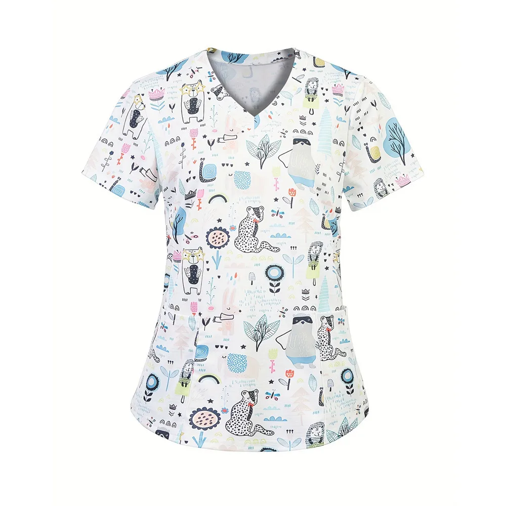 Women's  Cute Animal Print Short sleeve Nurse Uniform Functional Patched Pockets V-neck Women's Work Uniform