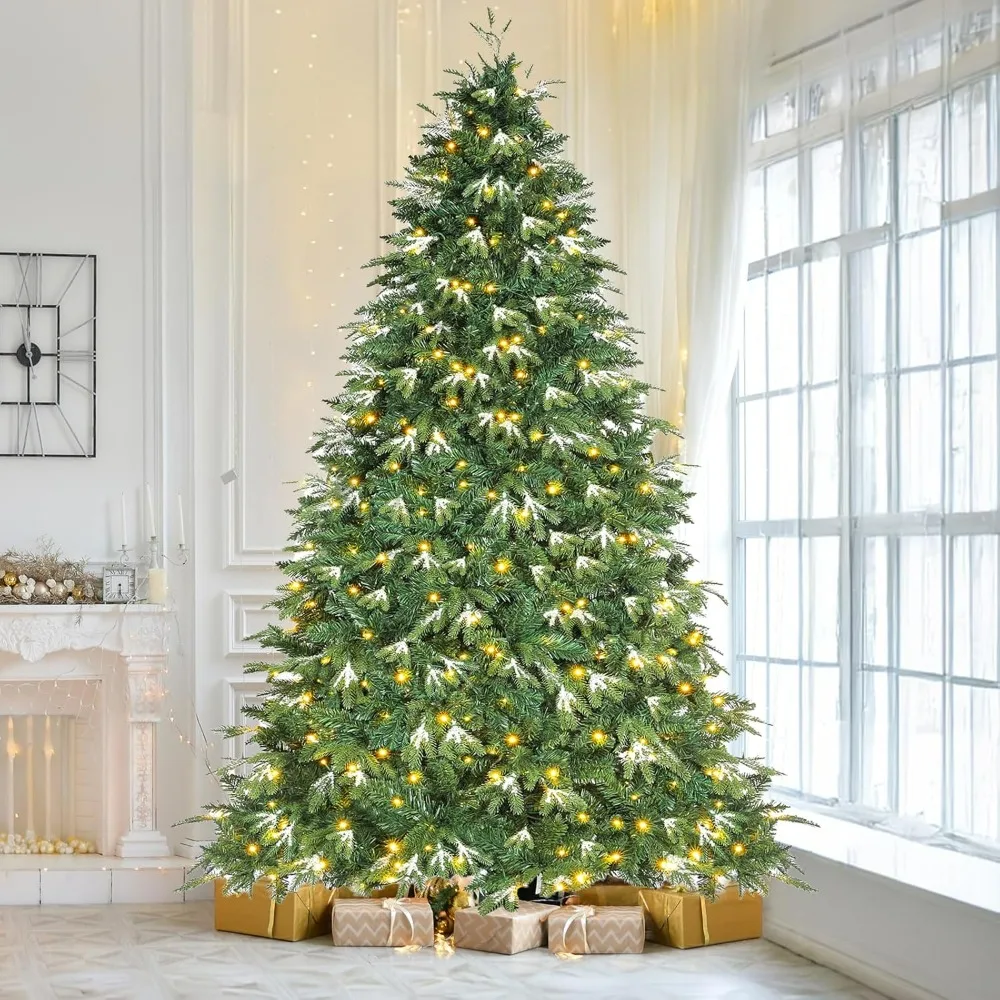 9ft PE&PVC Prelit Christmas Tree, Artificial Spruce Tree with 500 Warm White Lights, 1743 Branch Tips, Ice Crystal,Metal Hinges