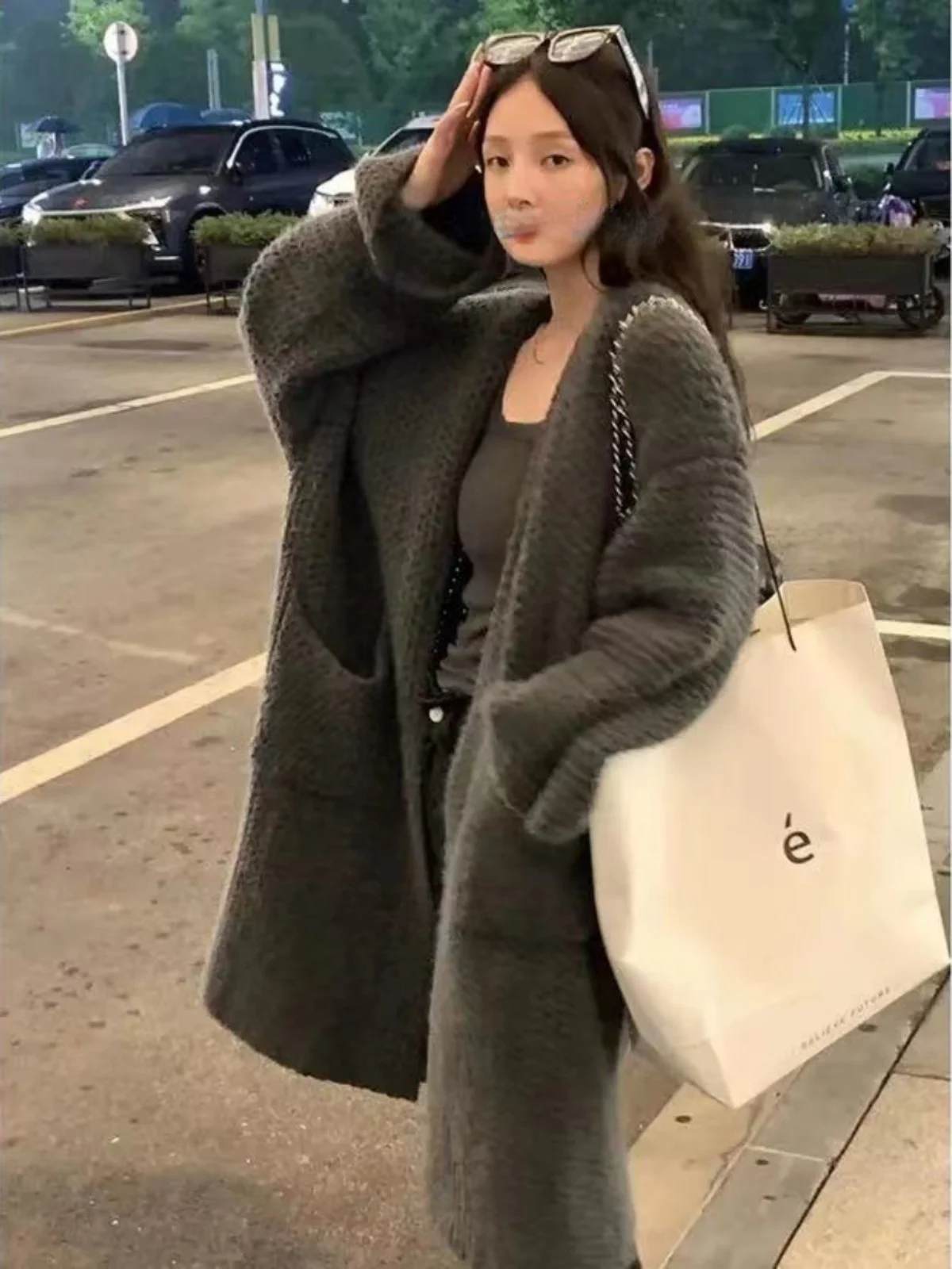 Loose Long Sve Women's Knitted Sweater ay Lazy Sle Autumn Winter Faion V-Ne Cardigan Casual Outerwear Coat