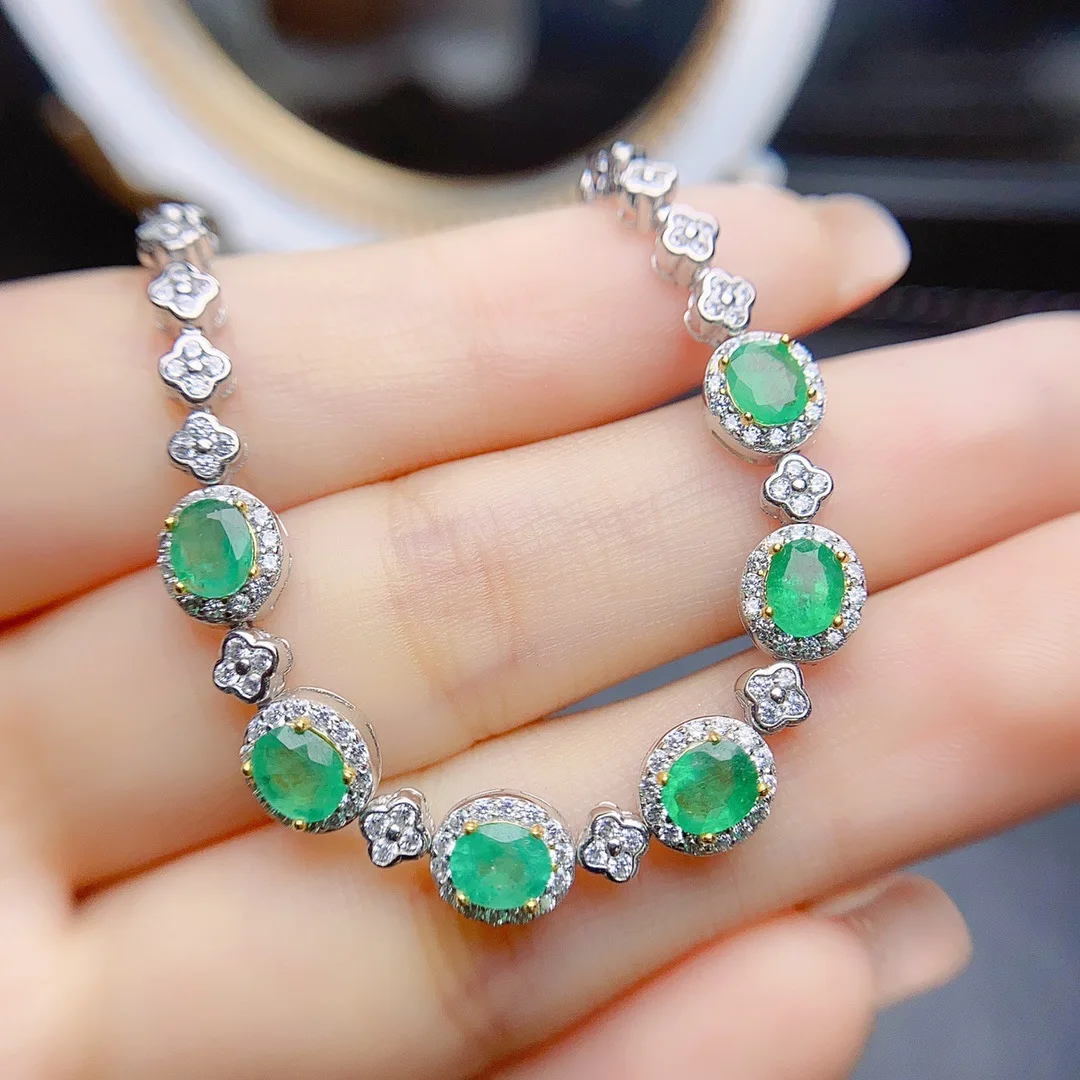 S925 Sterling Silver Natural Emerald Bracelet,4*5mm Oval Gemstone, Four‑Leaf‑Clover Chain Luxury Jewelry Gift for Women