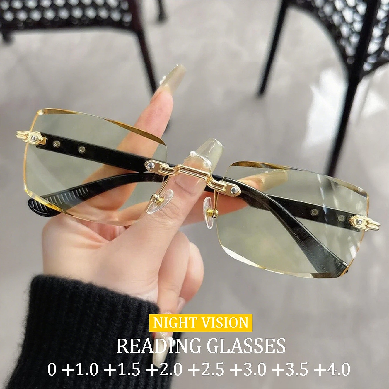 

Yellow Lens Rimless Night Vision Reading Glasses High Definition Anti Blue Light Brightening Edge Cutting Glasses diopters +4.0