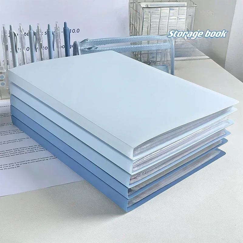 A4 Gradient Blue Paper Folder Handheld File Folder Organizer Storage Holder Transparent Loose Leaf Office Document Clipboard