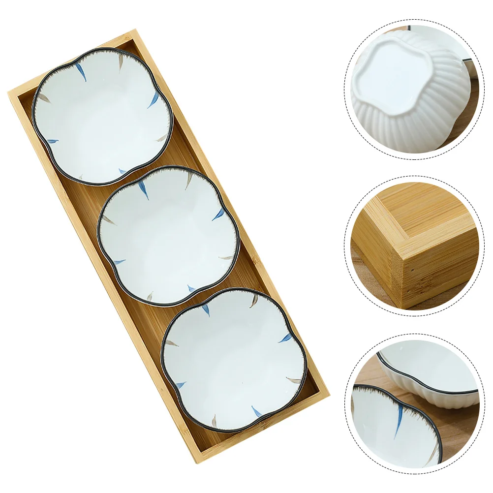 

1Set Japanese Style Snack Small Plate Ceramic for Sauce Dipping Appetizer Dessert Side Dish with Wooden Tray