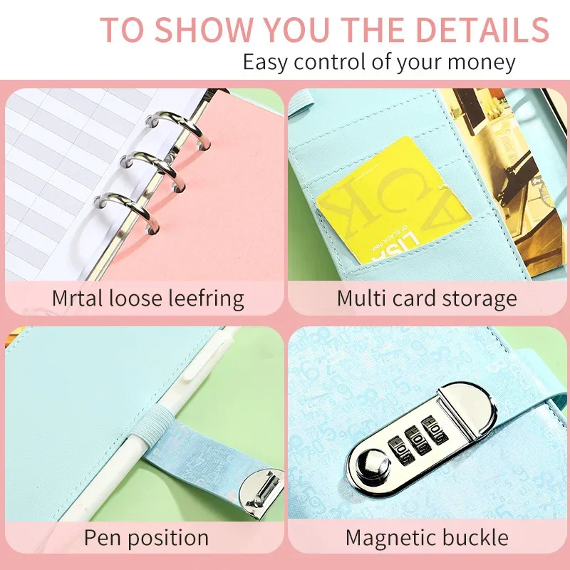 A6 Laser Coded lock PU Clip-on Notebook Leather Loose Leaf Notebook Cover Notebooks Journal Kawaii Stationery