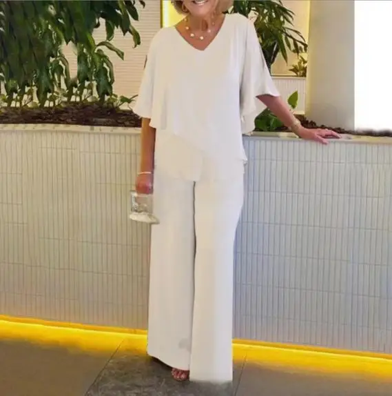 Casual Solid Color Pants Sets Women V-neck Irregular Bat Sleeve T Shirt Wide Legs Trousers Two Piece Set Lady Commuting Clothing