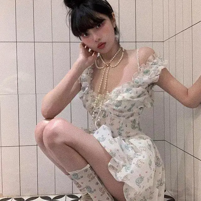 Abito a canotta con orlo a palloncino con stampa gatto che impiegato in vita stile Miu primaverile per donna Mini abito estivo carino da donna