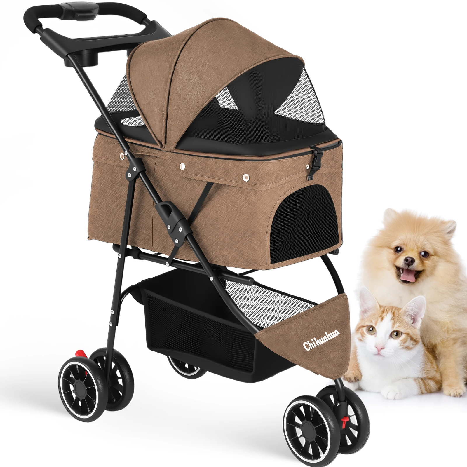 

Dog Strollers For Small Dogs Free Shipping with Mesh Canopy Cup Holders Easy Assembly Foldable 3-Wheel Pet Stroller