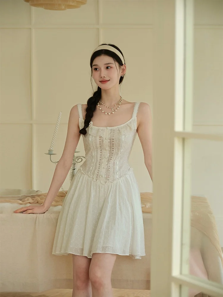 

ChillCozy Премиум-платье из чесаного хлопка с кружевными вырезами и бретелями Dr Dreng Tea Mountain, повседневное, универсальное, женское, короткое, летнее