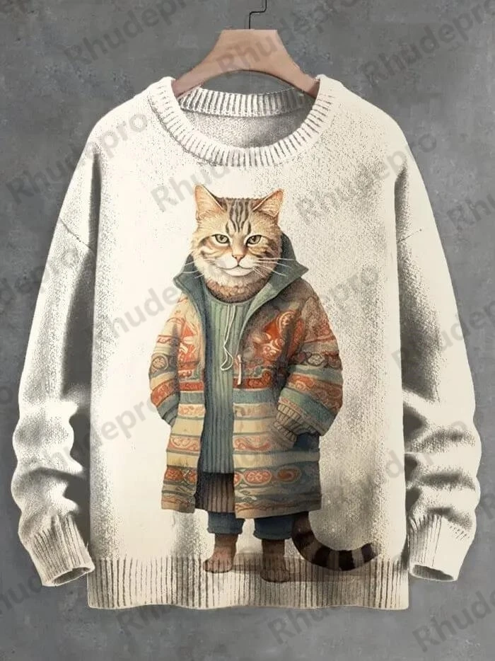 Men's Art Print Knit Pullover Sweater Cool Cat Drinking Coffee Graphic Sweatshirt For Fall With Sunglasses Design Unisex