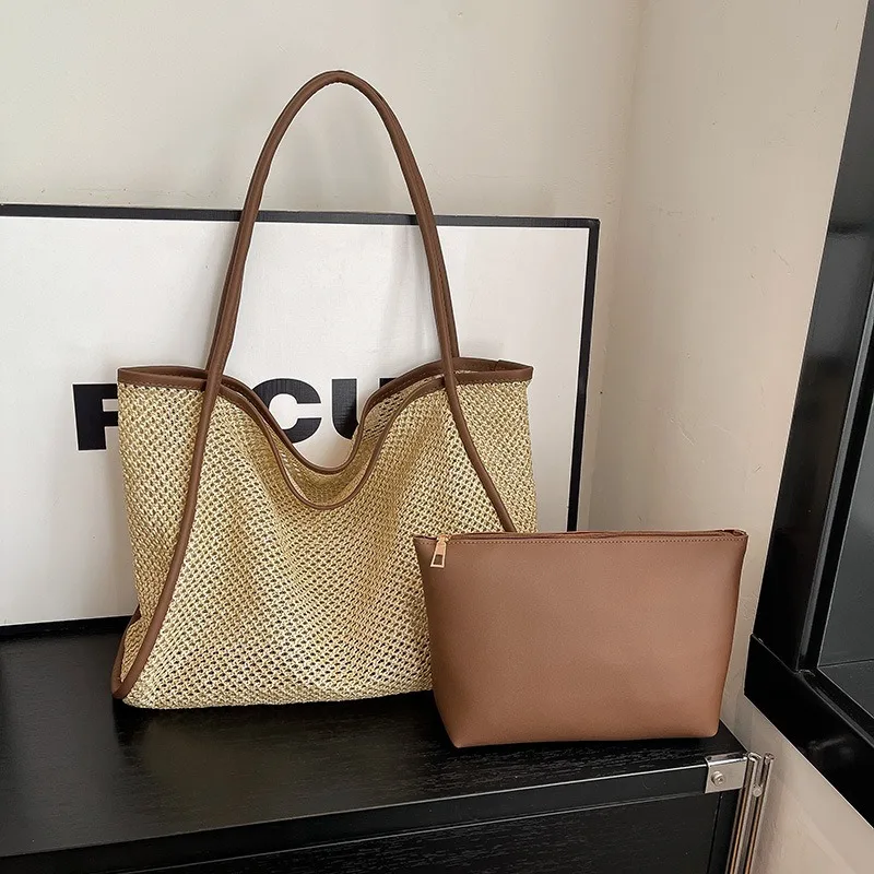 Women 2 In 1 Straw Woven Bag Set Large Tote Shoulder Bag Trendy 2026 Summer Seaside Travel Daily Commute Storage Handbag