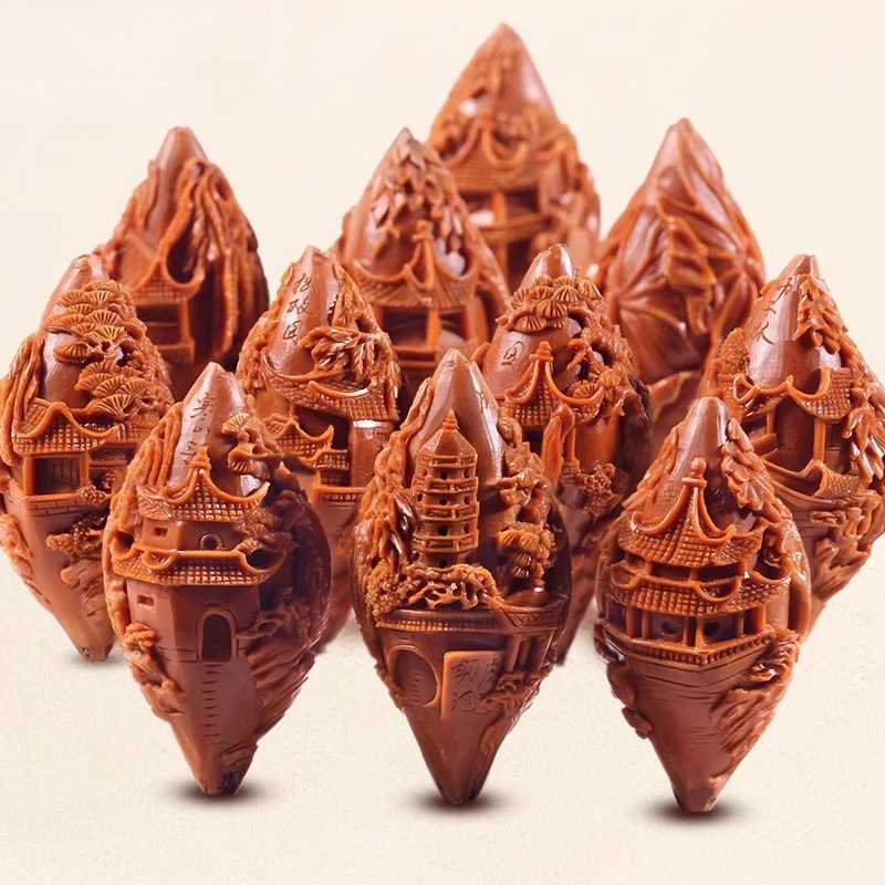 Olive core carving Suzhou gardens, olive core long string carving landscape handheld view 3