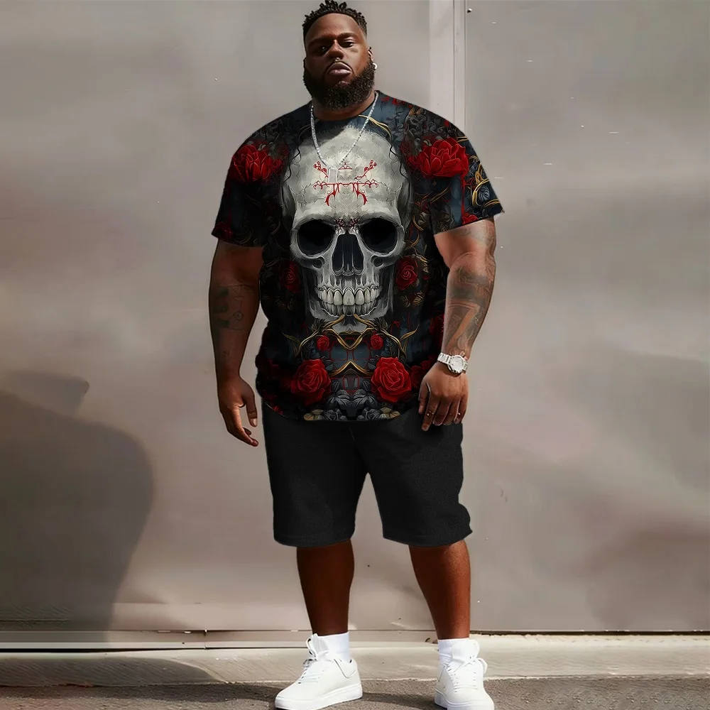 S-9XL Large Size Men's Suit - Skull Colorblock Short-sleeved T-shirt and Shorts Two-piece Set