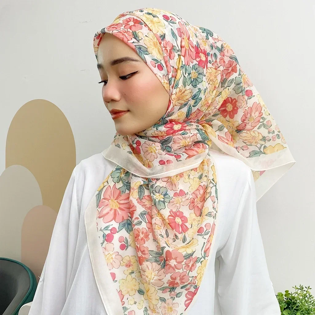 Foulard Hijab Carré en Coton Imprimé pour Femme Musulmane, Châle Islamique Doux, Bandeau de Sauna, 110x110cm