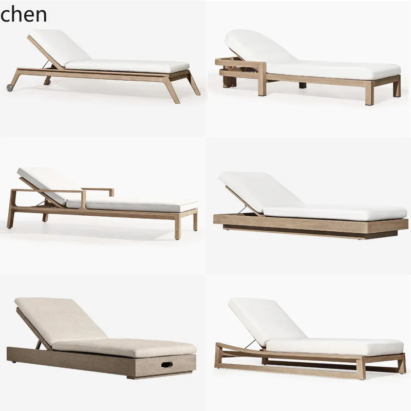 ZML Outdoor Solid Wood Reclining Bed Beach Chair Courtyard Villa Hotel Outdoor Open Reclining Chair