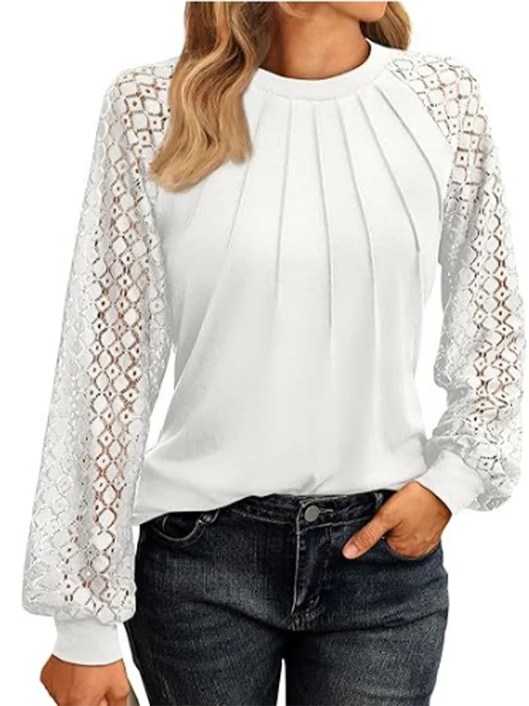 Elegant Lace Pleated Solid Color Shirts Women's Round Neck Lantern Long Sleeved Blouse Autumn Daily Casual Top