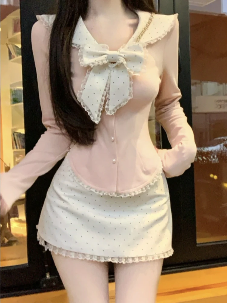 

Японский комплект из двух предметов в стиле Sweet Pure Desire для похудения, вязаные укороченные топы + юбка в горошек, новинка 2025, осенне-зимняя модная одежда