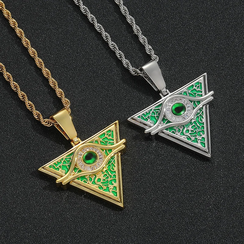 Hip Hop AAA+ CZ Stone Paved Bling Ice Out Triangular Eye Pendants Necklaces for Men Rapper Jewelry Gold Silver Color