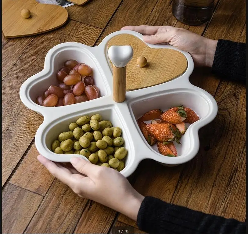 

Heart Shaped Ceramic Plates Snacks Bowl Set Dessert Plate Rotatable Wooden Fruit Dish Dinner Porcelain Cake Tray Food Tableware