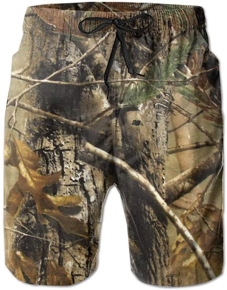 Mens Polyester Realtree Camouflage Camo Swim Trunks, Fashion Board Shorts with Pockets