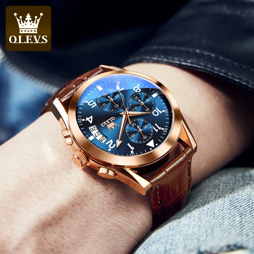 OLEVS Quartz Watch for Men Original Leather Strap Date Display Waterproof Luminous Business Casual Quartz Men Watch Top Brand