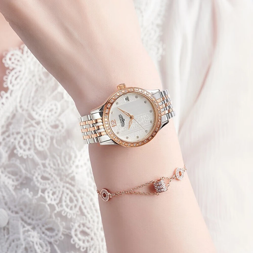 GUANQIN Waterproof Watch With Rhinestones Calendar Dial Stainless Steel Strap Fashion Simple Women Automatic Mechanical Watches