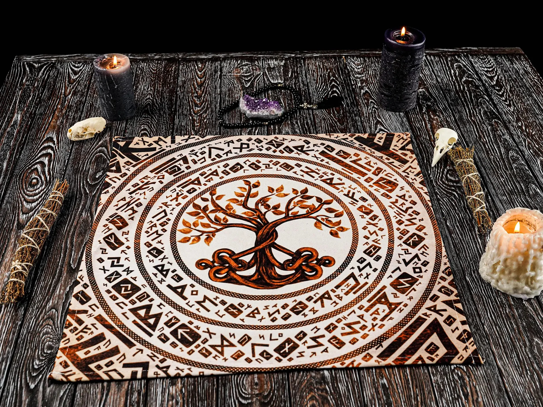 50/75/110/137cm Viking Yggdrasil Tree of Life Altar Tablecloth Norse Runes Witchcraft Tarot Mat Pagan Spiritual Decor Tarot Mat
