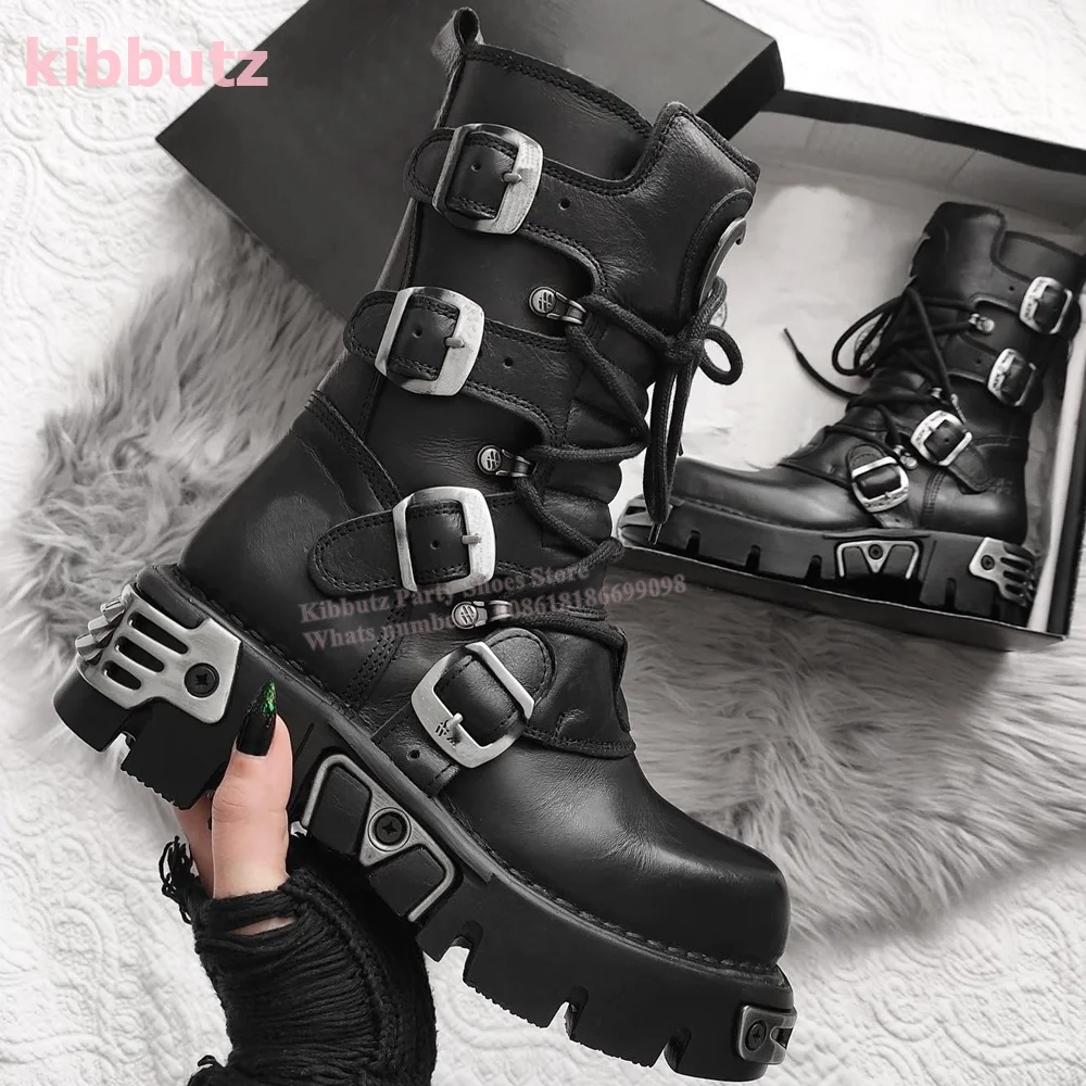 

Metal Thick Bottom Mid Calf Boots Dark Rock Punk Belt Buckle Round Toe Height Increase Lace-up Zipper Fashion Women Shoes Newest