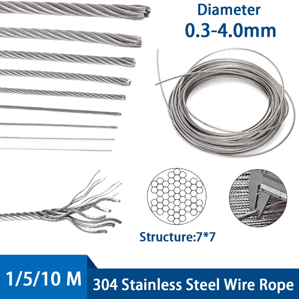 

1M-10M 0.3-4mm Diameter 7X7 Structure 304 Stainless Steel Wire Rope Cable cable softer Fishing Rope Can Be Paired With Fasteners