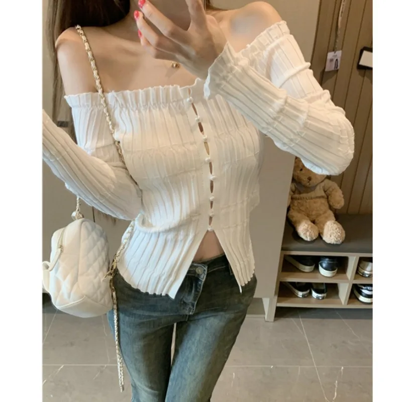 Slim Fit tricots perle bouton une épaule Design Ele Sle femmes Faion automne hiver nouveauté couleur filles