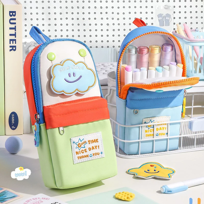 Pencil Case Backpack Shape 3‑Layer Large Capacity Pen Bag Magic Sticker Hanging Stationery Pouch Embroidery Zipper Pencil Box