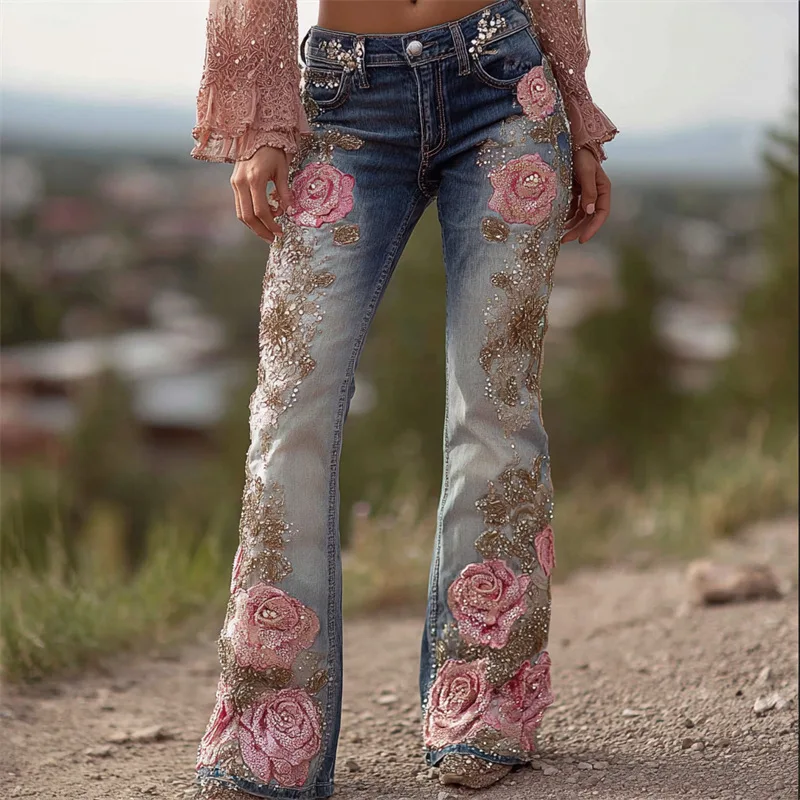 

3D Digital Printed Women's Fashionable Slimming Denim Bell Bottoms