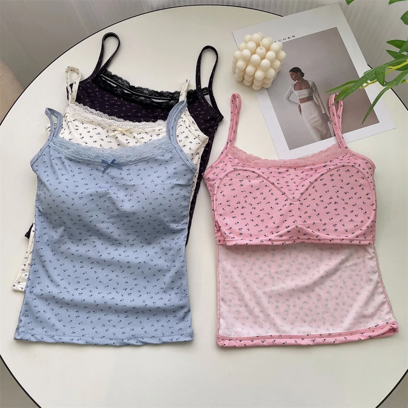 Women Floral Bow Knot Tops Summer Casual Sleeveless Ice Silk Bra Tops With Pad Sweet Lace Vest With Chest Cushion T Shirts 2024