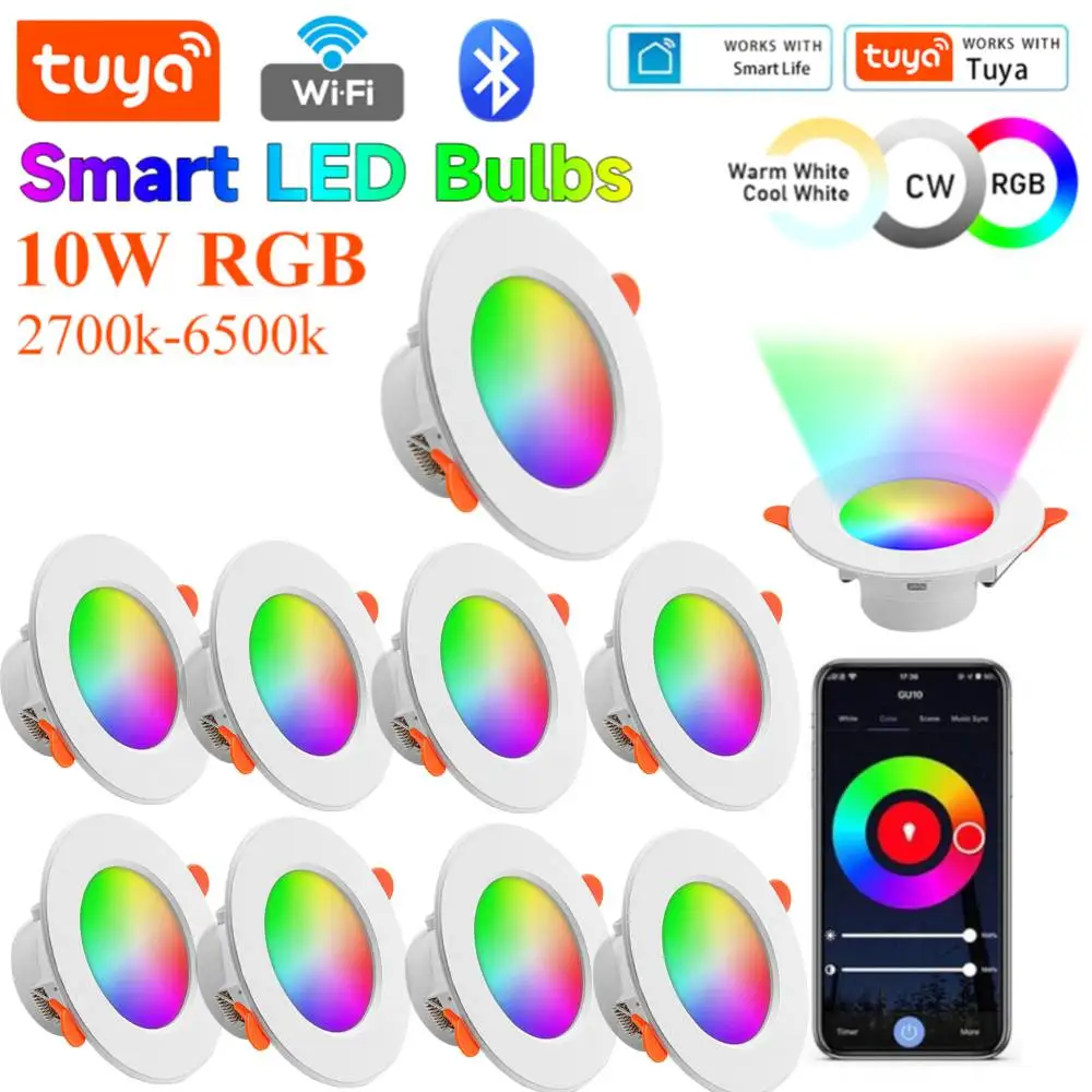 

1-10 шт. умный светодиодный потолочный светильник Bluetooth, потолочный светильник, 10 Вт, RGB лампа, приложение, пульт дистанционного управления, меняющий цвет, светильник для Google Alexa Home