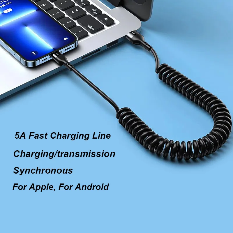 1 Meter Car For Apple iPhone X XS Max XR 8 7 6 Plus Fast Charger Telescopic Spring USB Cable Metal Cable Data Cable