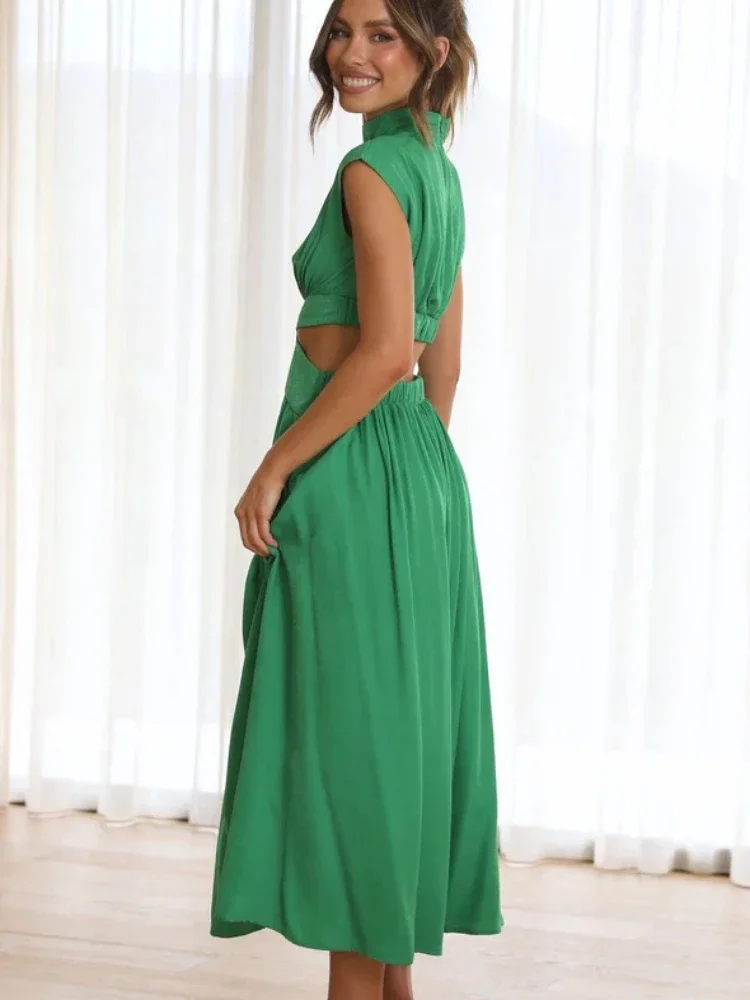 Women Elegant Maxi Dresses  Summer Fashion Casual Solid Sleeveless Backless Dress Female Sexy Hollow Out Pleated Long Dress