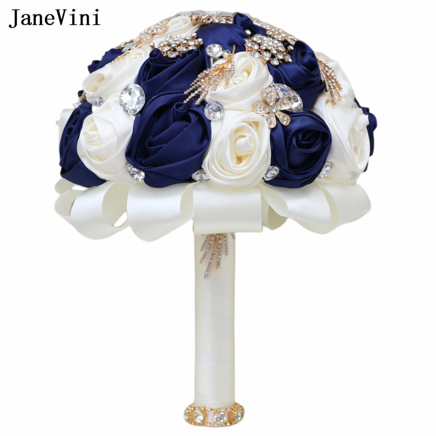 JaneVini Bling Diamond Ribbon Flowers Navy Blue Ivory Artificial Bridal Bouquets Luxury 2023 Wedding Brooch Bouquet Accessories